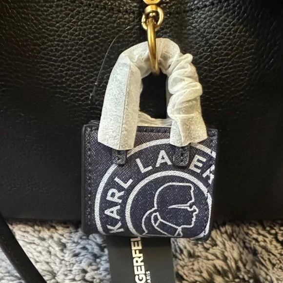 Karl Lagerfeld Black Leather Tote with Gold-Tone Accent With Added Charm & Dusty - Picture 4 of 16